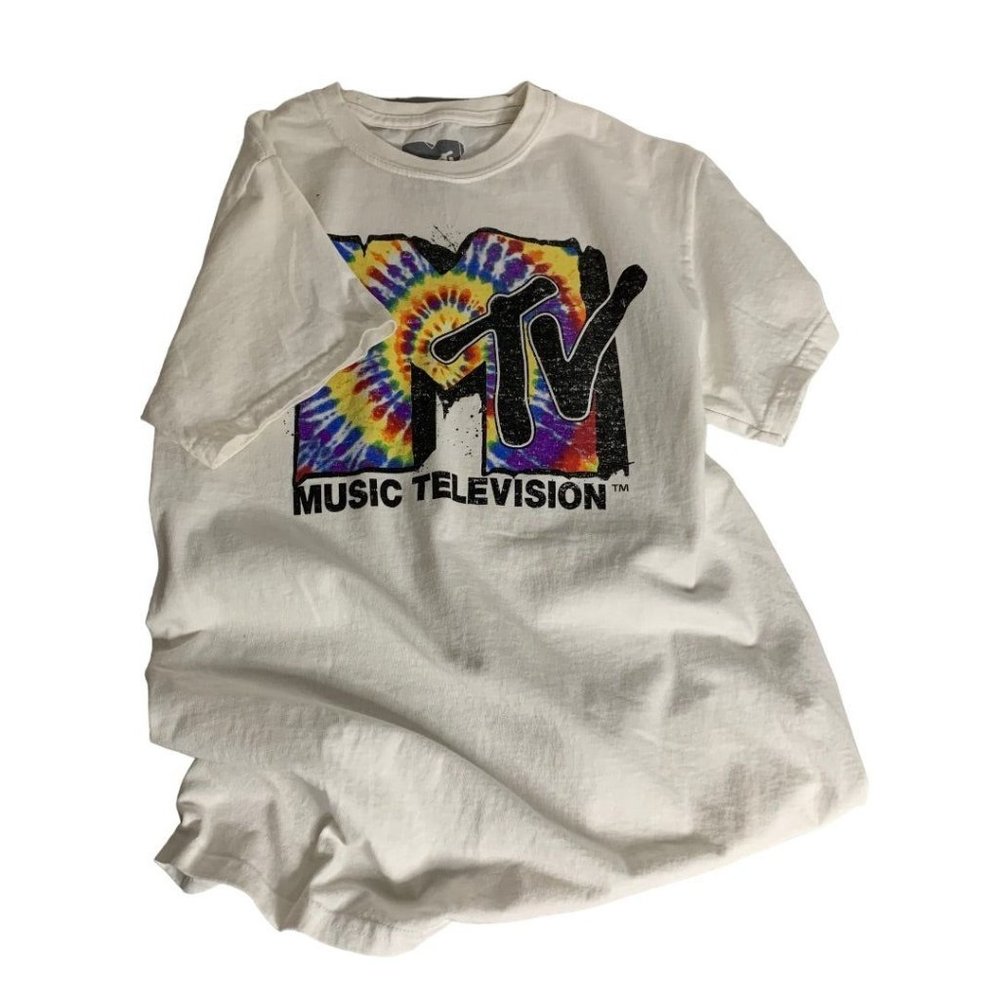 Small MTV Adult Unixex Tshirt Tie Dye Graffiti Logo White Short Sleeve - Picture 7 of 9